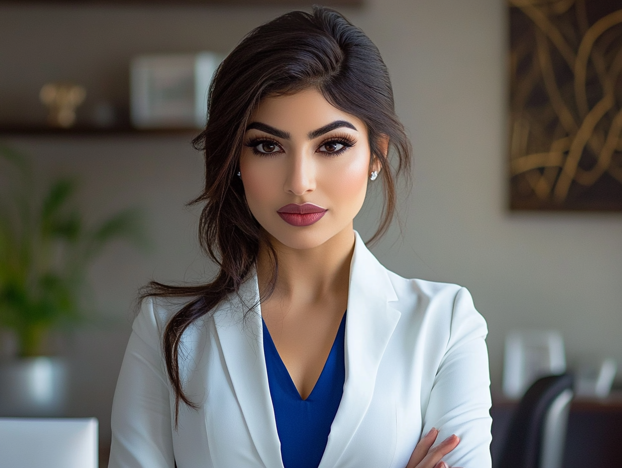 Iraqi woman with tall hair, white outfit photo.