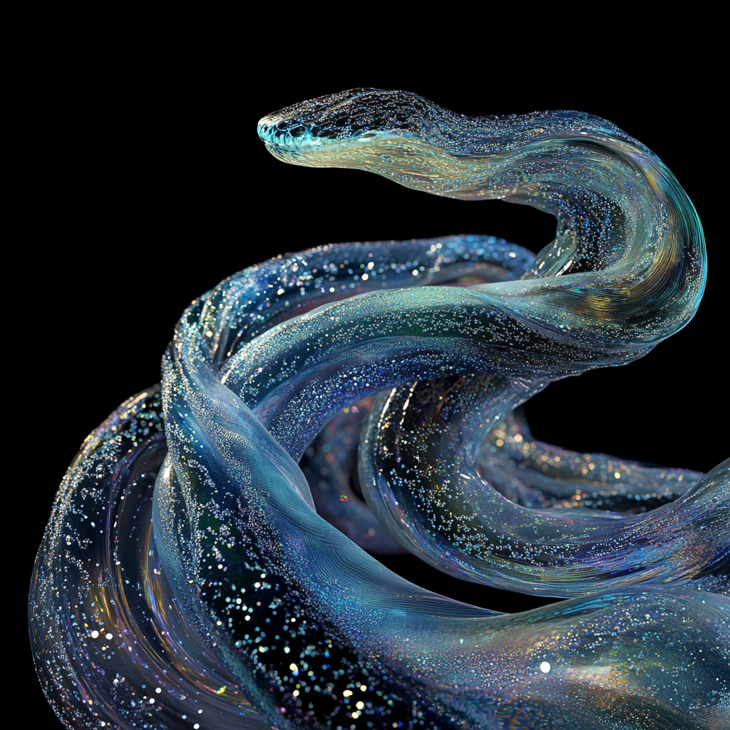 Iridescent snake-like water wave, blue-green gradient, black background.