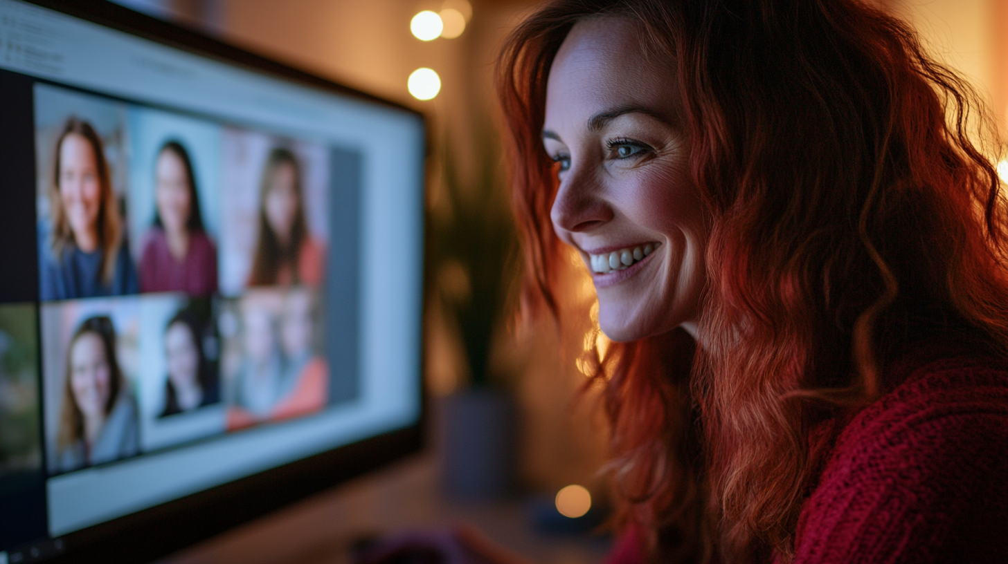 Irish woman smiling at computer, engaging with virtual community.