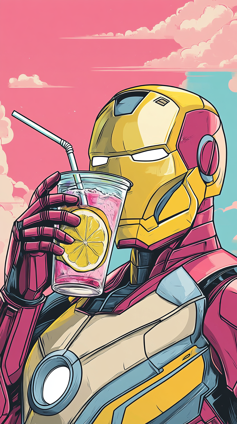 Iron Man Drinking Lemonade in Pop Art Style