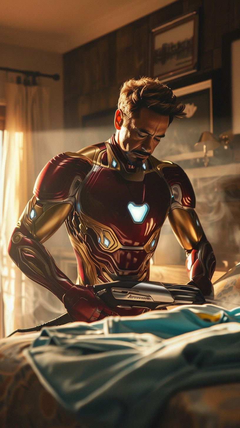 Iron Man Ironing Clothes in Modern Bedroom Scene