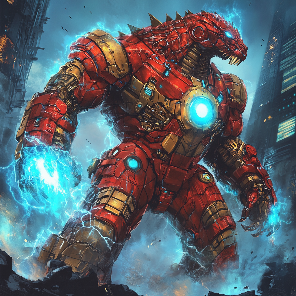 Iron Man and Godzilla fusion with glowing arc reactors.