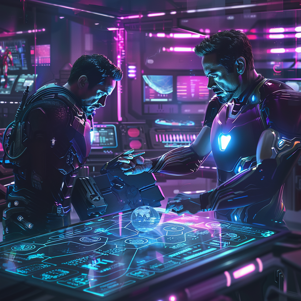 Iron Man and Thor working in high-tech lab.