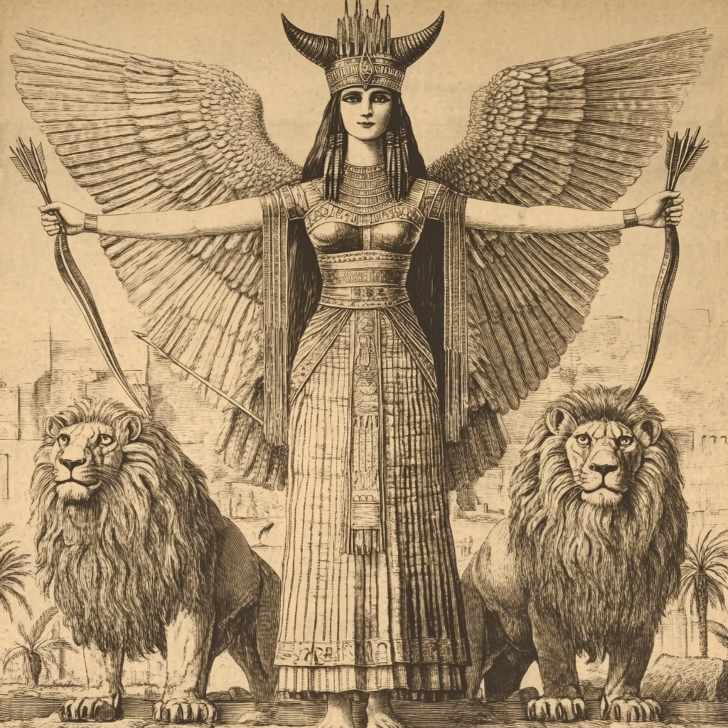 Ishtar, Mesopotamian goddess in crown, gown, bow, and wings.