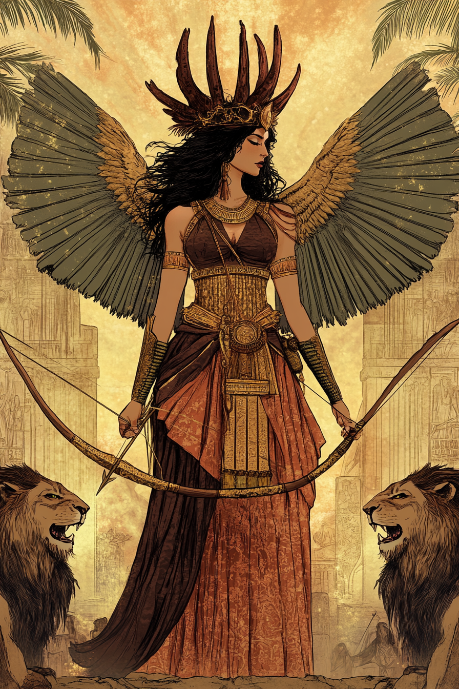 Ishtar, beautiful Mesopotamian goddess of love, beauty, war illustration