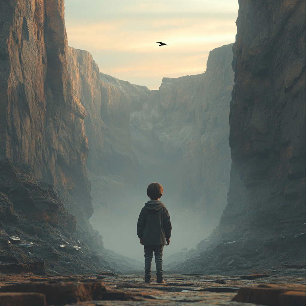 Isolated Child Walking in Artistic Valley Sunset Scene