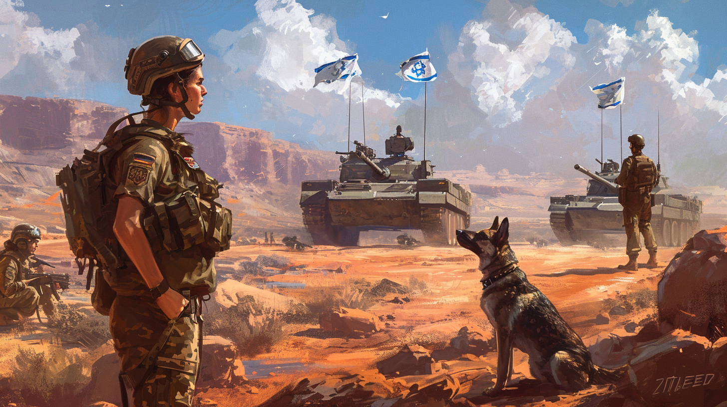 Israeli female soldiers with German Shepherd in action