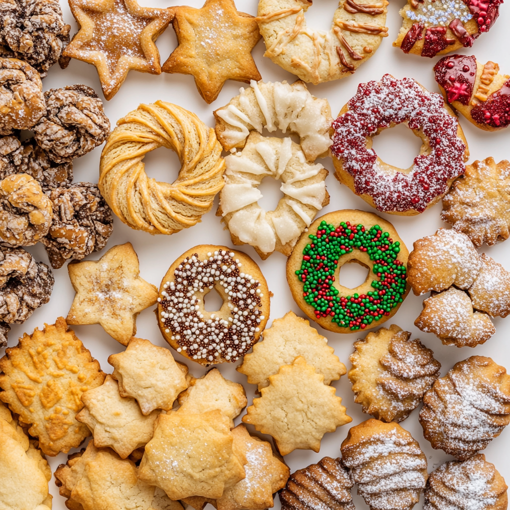 Italian Christmas cookies arranged on white background. Sprinkles & icing.