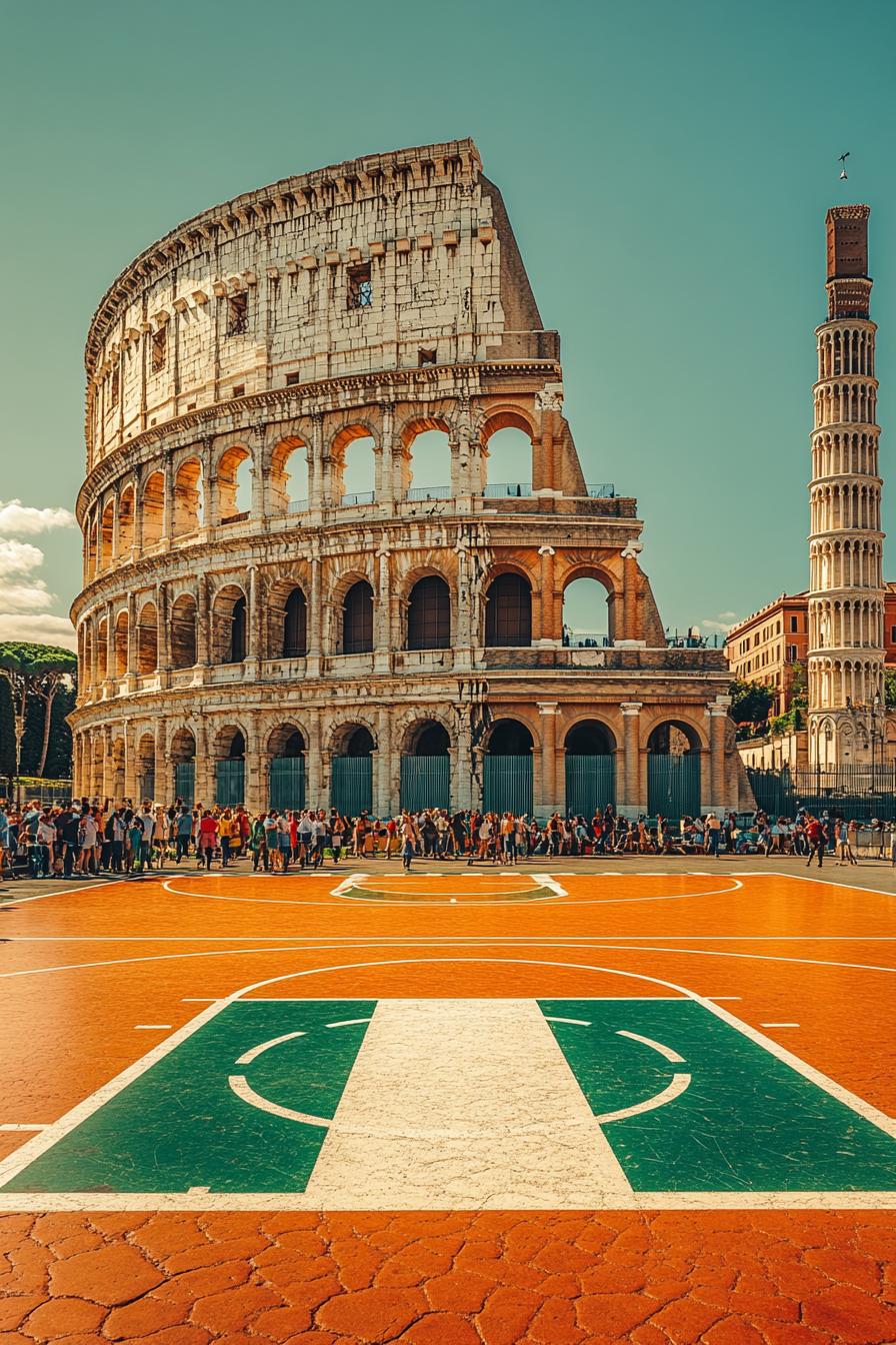 Italian basketball court with flag, Colosseum, traditional clothing.