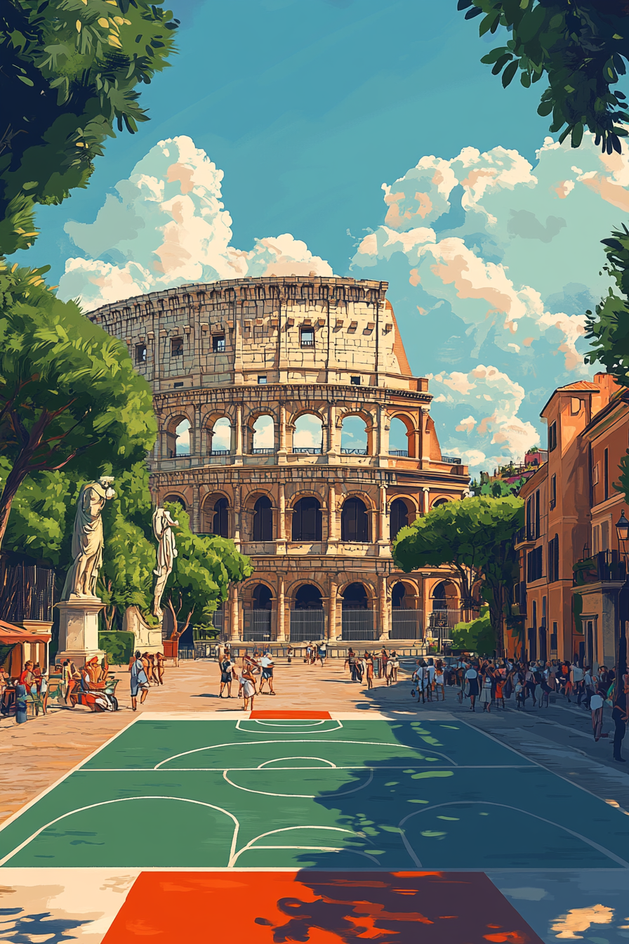 Italian flag inspired basketball court in front of Colosseum.