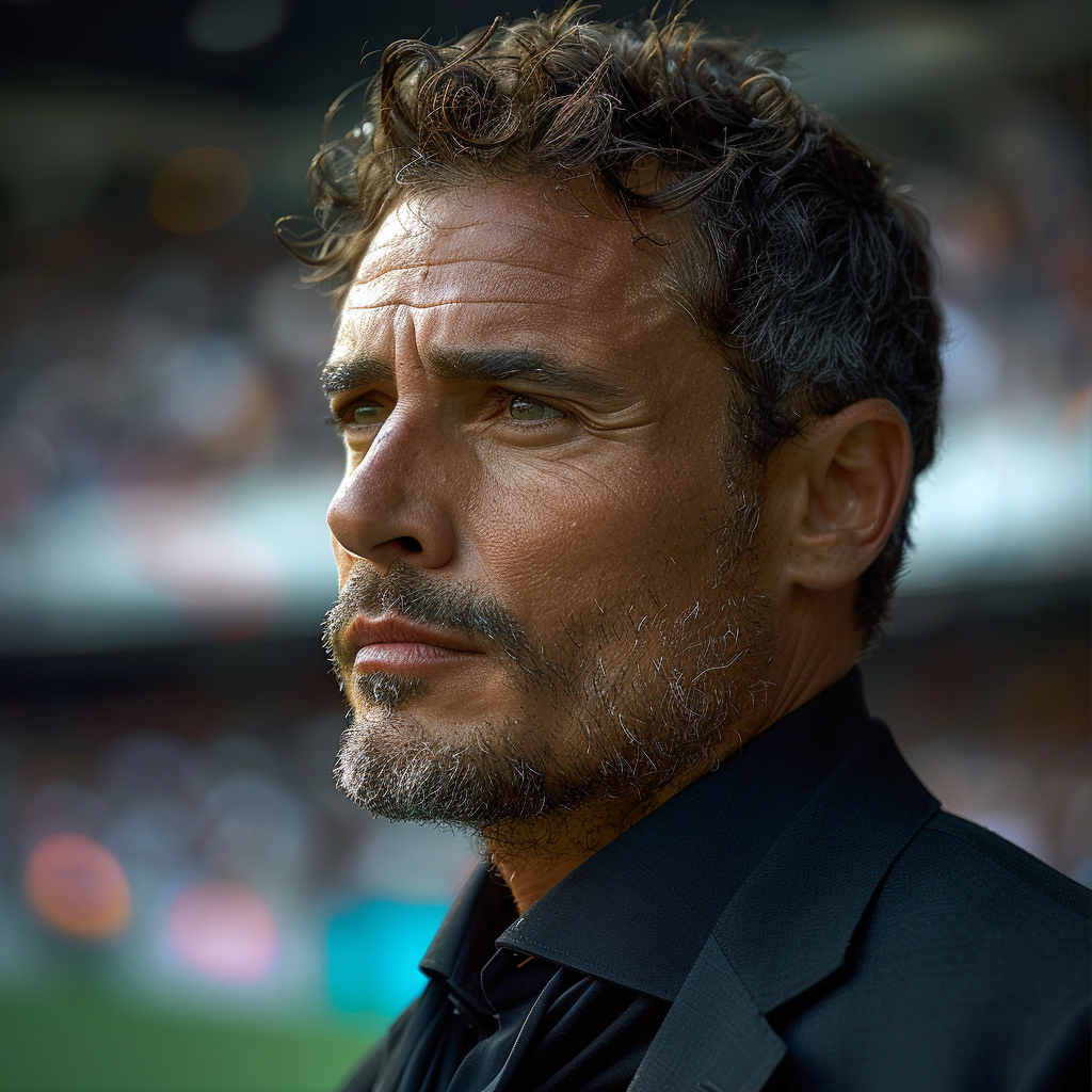 Italian football manager, Neri Cresci, intense on sidelines.