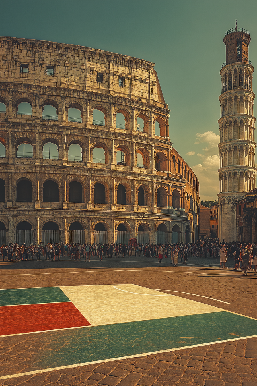 Italian half-court with realistic net, flag backboard, clean court.