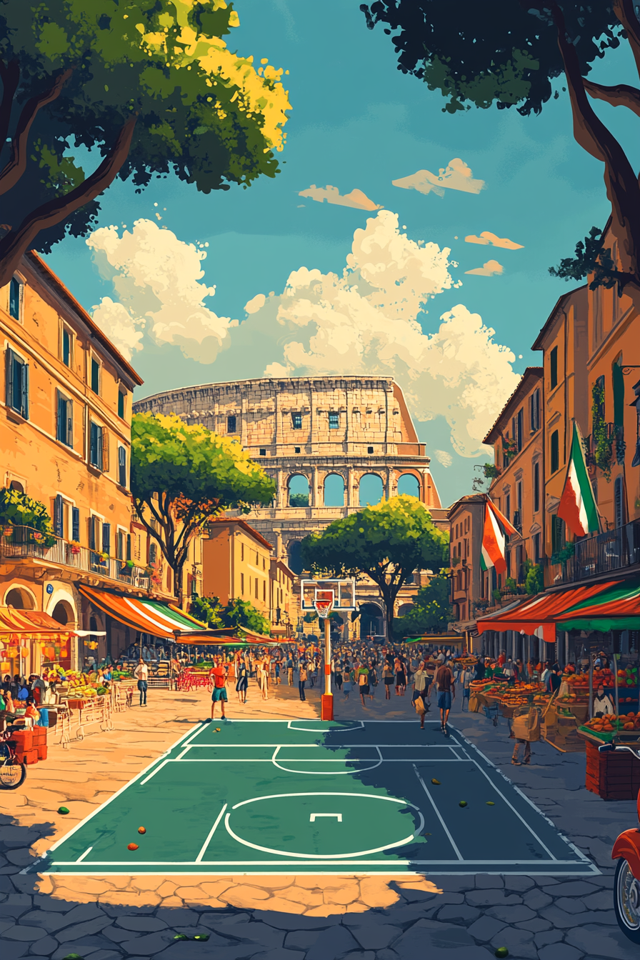 Italian-inspired basketball court with vibrant flag colors and locals.