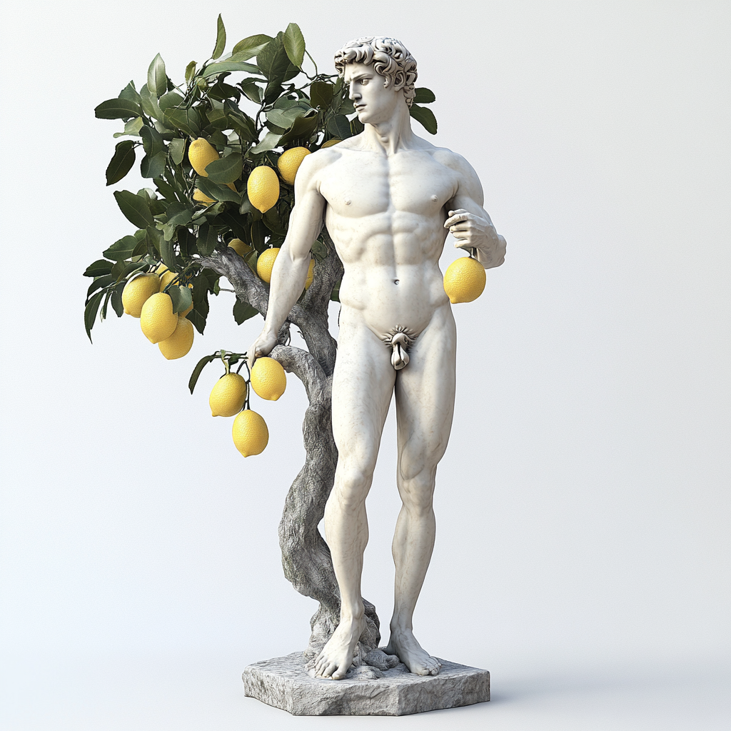 Italian male statue surrounded by lemon trees, looking up.