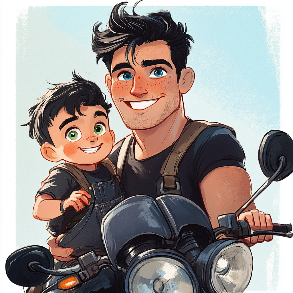 Italian man with toddler on motorcycle cartoon illustration