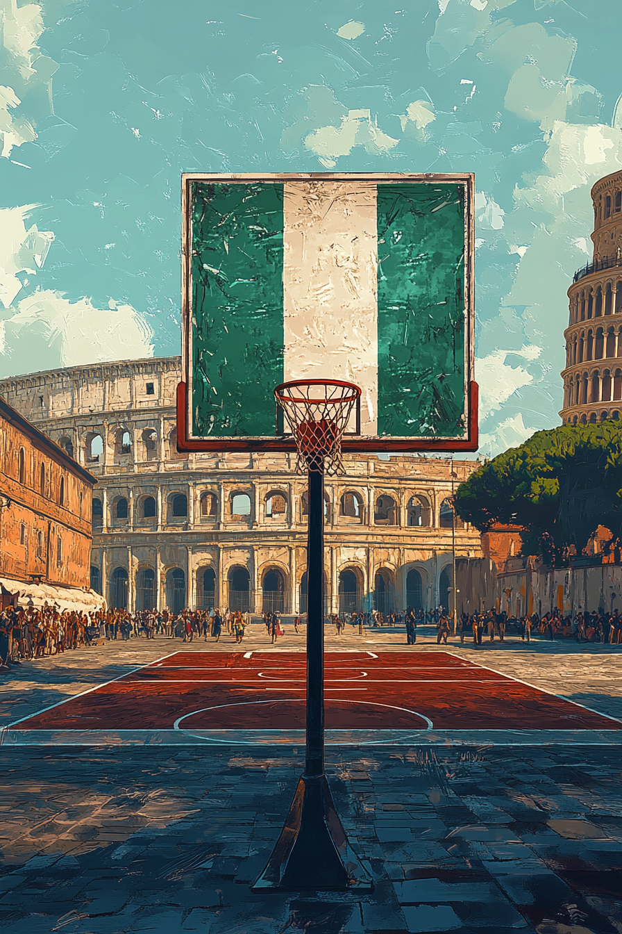 Italian-themed basketball backboard with flag, landmarks, locals.