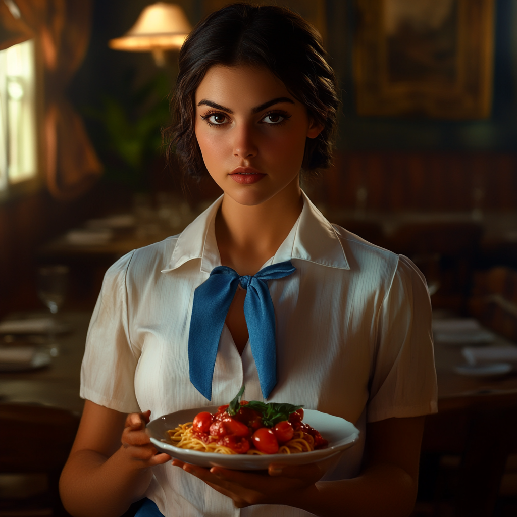 Italian waitress holds tomato pasta in luxurious restaurant.