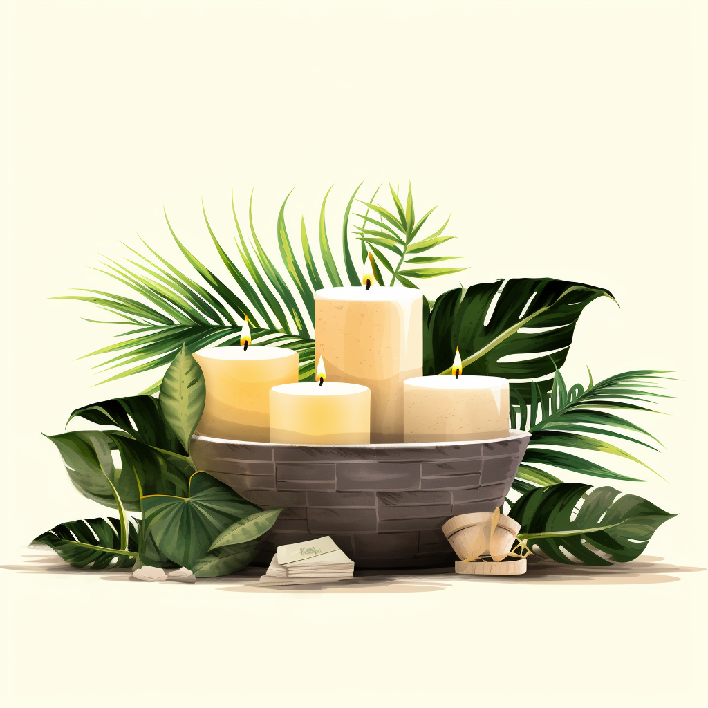 Jacuzzi illustration with palm leafs and candles