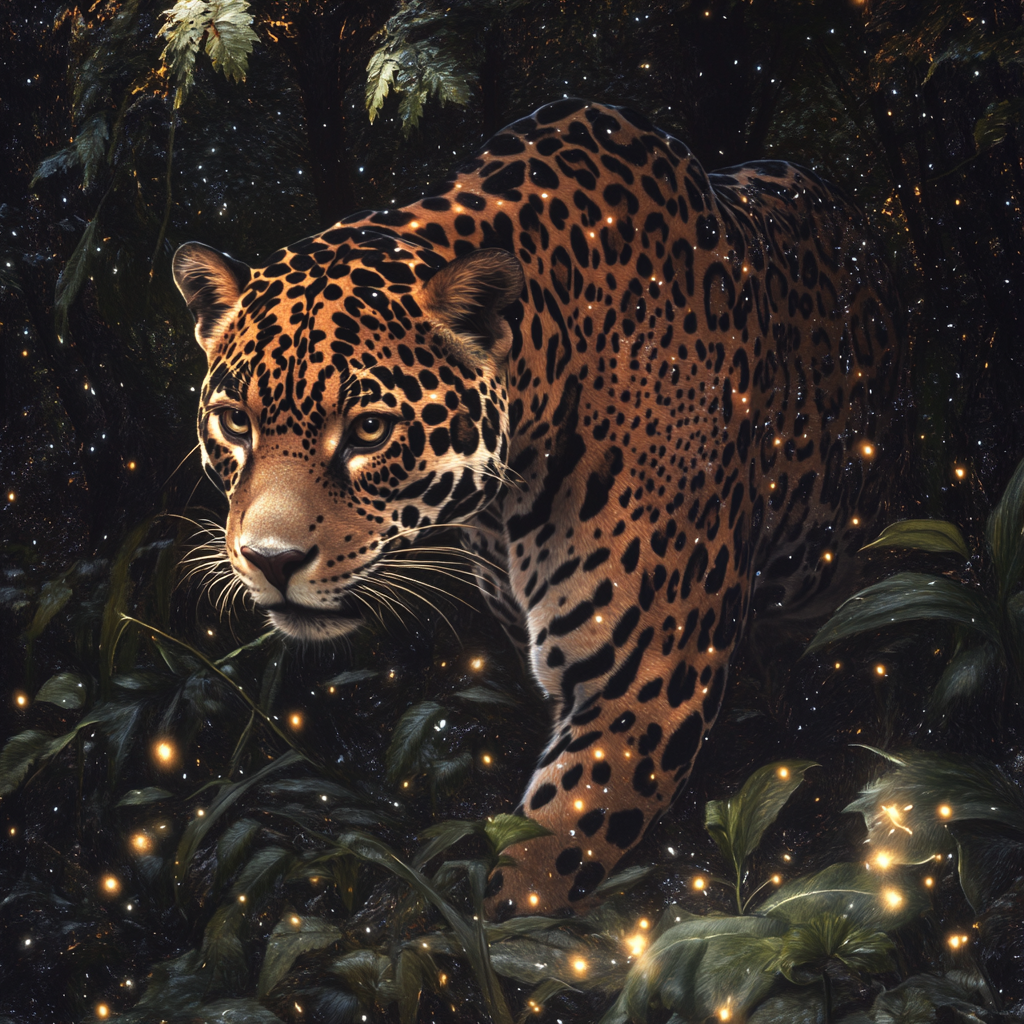 Jaguar with starry spots in surreal jungle scene.