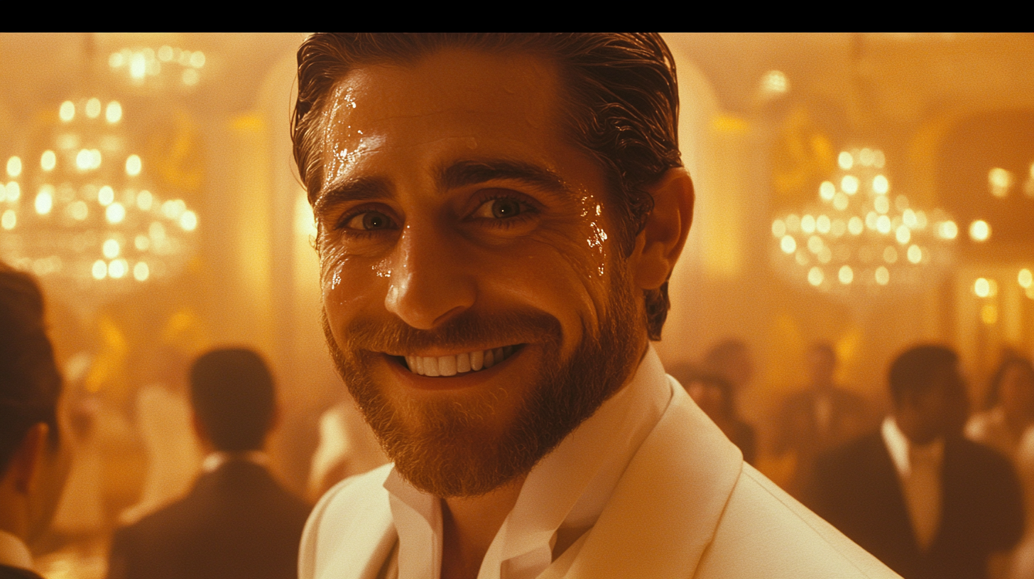 Jake Gyllenhall smiles with tears in elegant ballroom