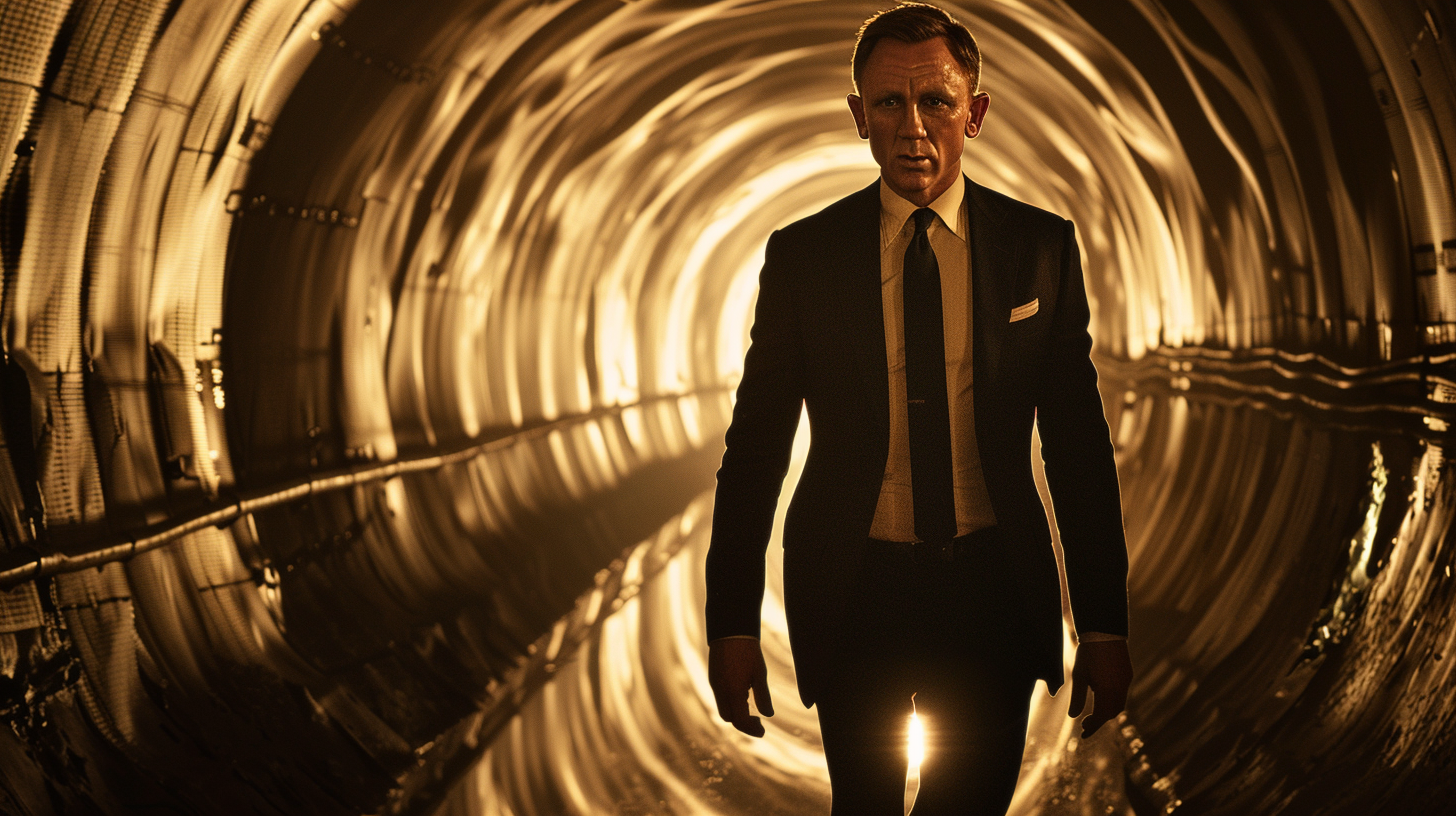 James Bond crouching in tunnel due to low ceiling.