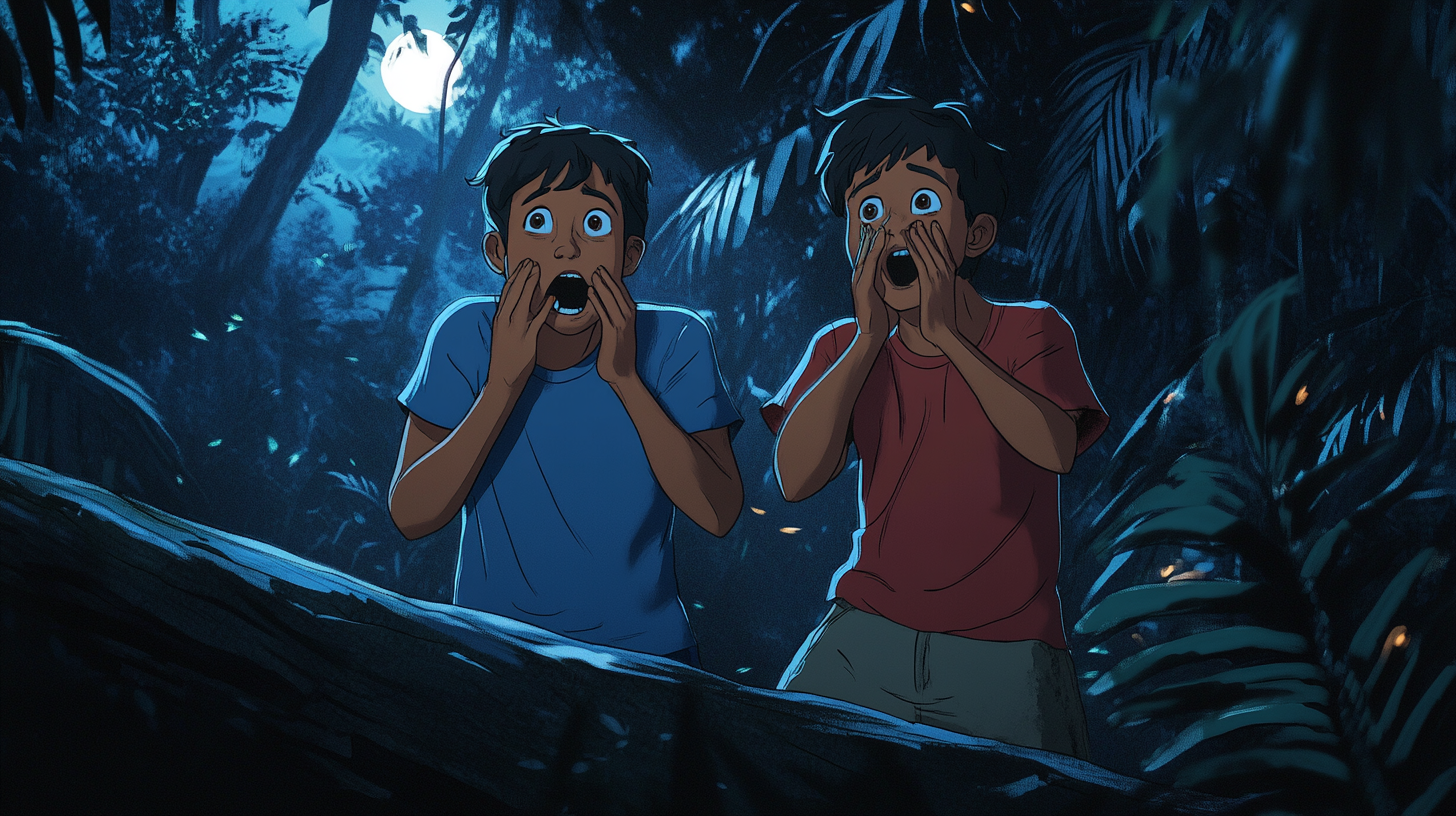 James and Mark shouting in dark jungle at night.