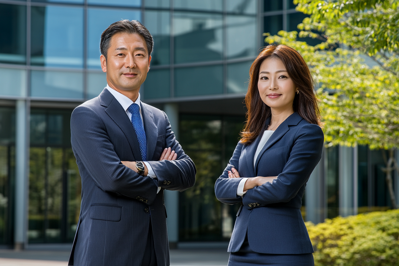 Japanese Business Professionals in Front of Headquarters Building