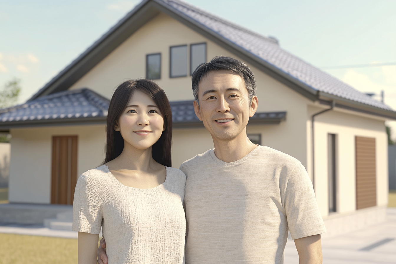 Japanese Couple with Youthful Appearance in Front of House