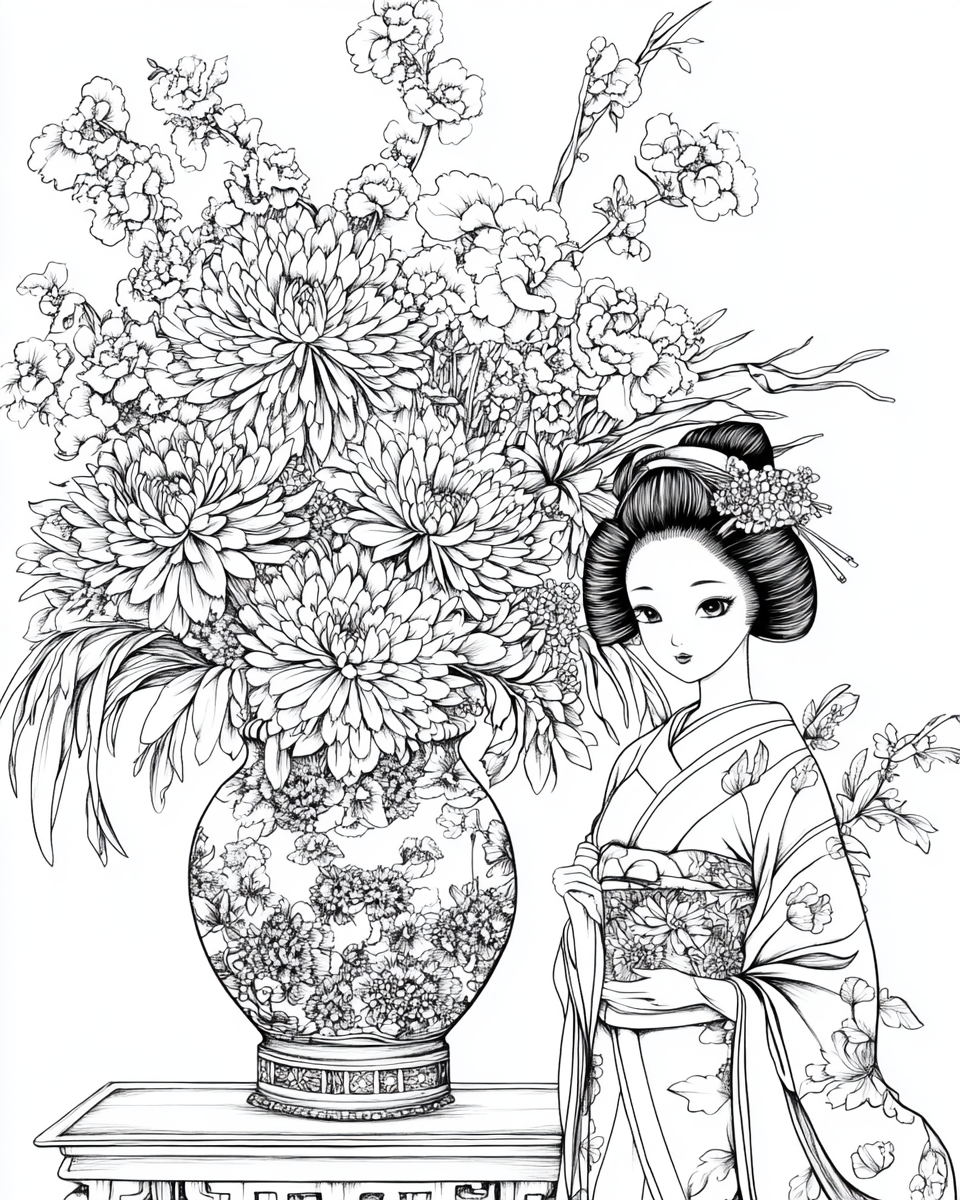 Japanese Flowers in Tall Vase Coloring Page