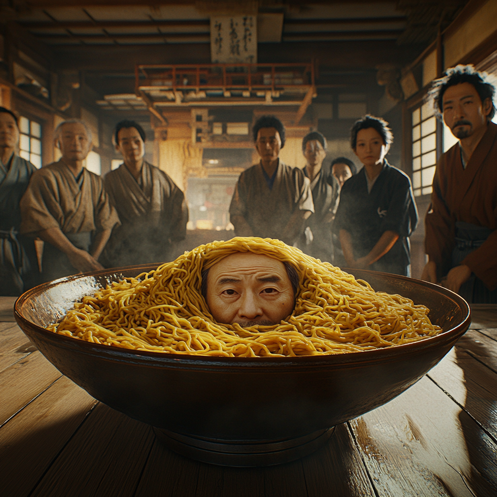 Japanese Folks Apologizing to Noodle-Faced Man in Kitchen