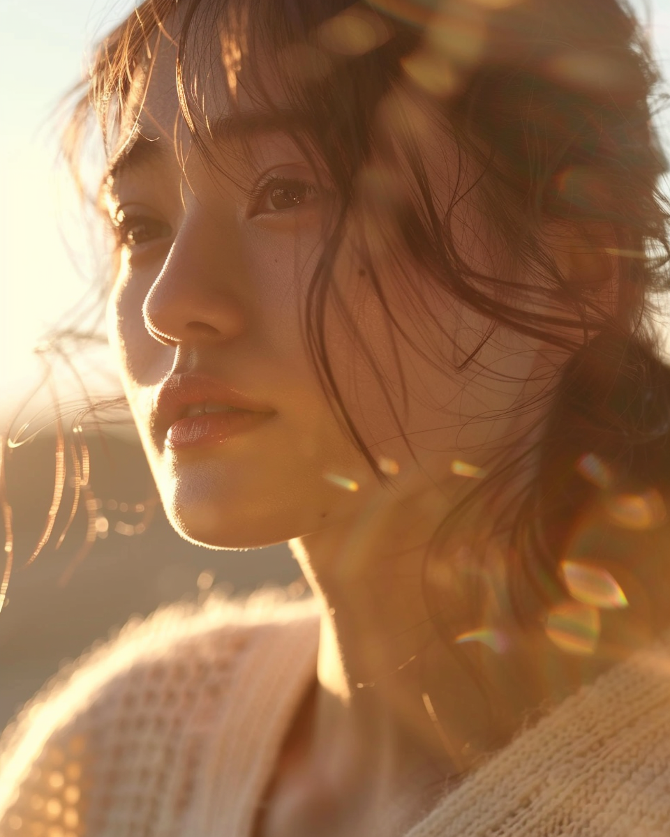 Japanese Girl in White Cardigan, Soft Light Portrait