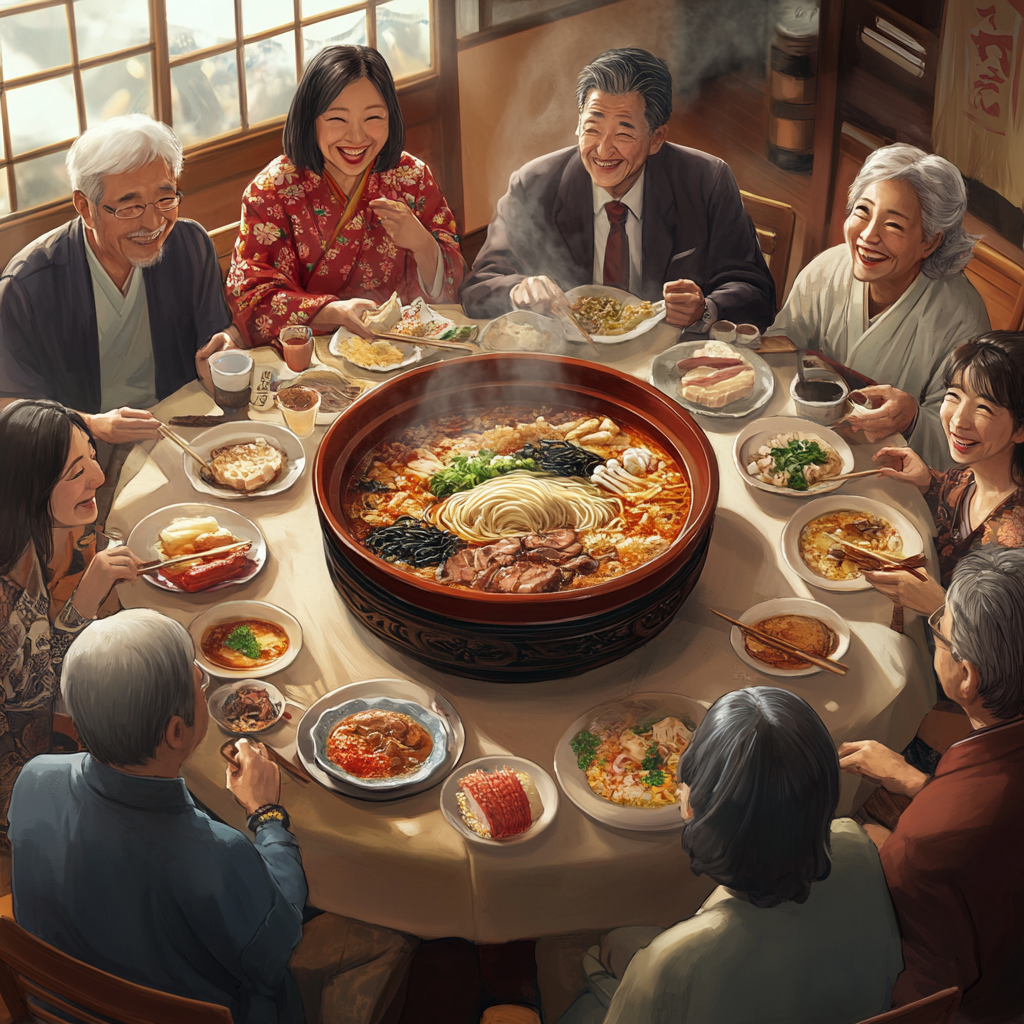 Japanese Men and Women Enjoying Ramen Together