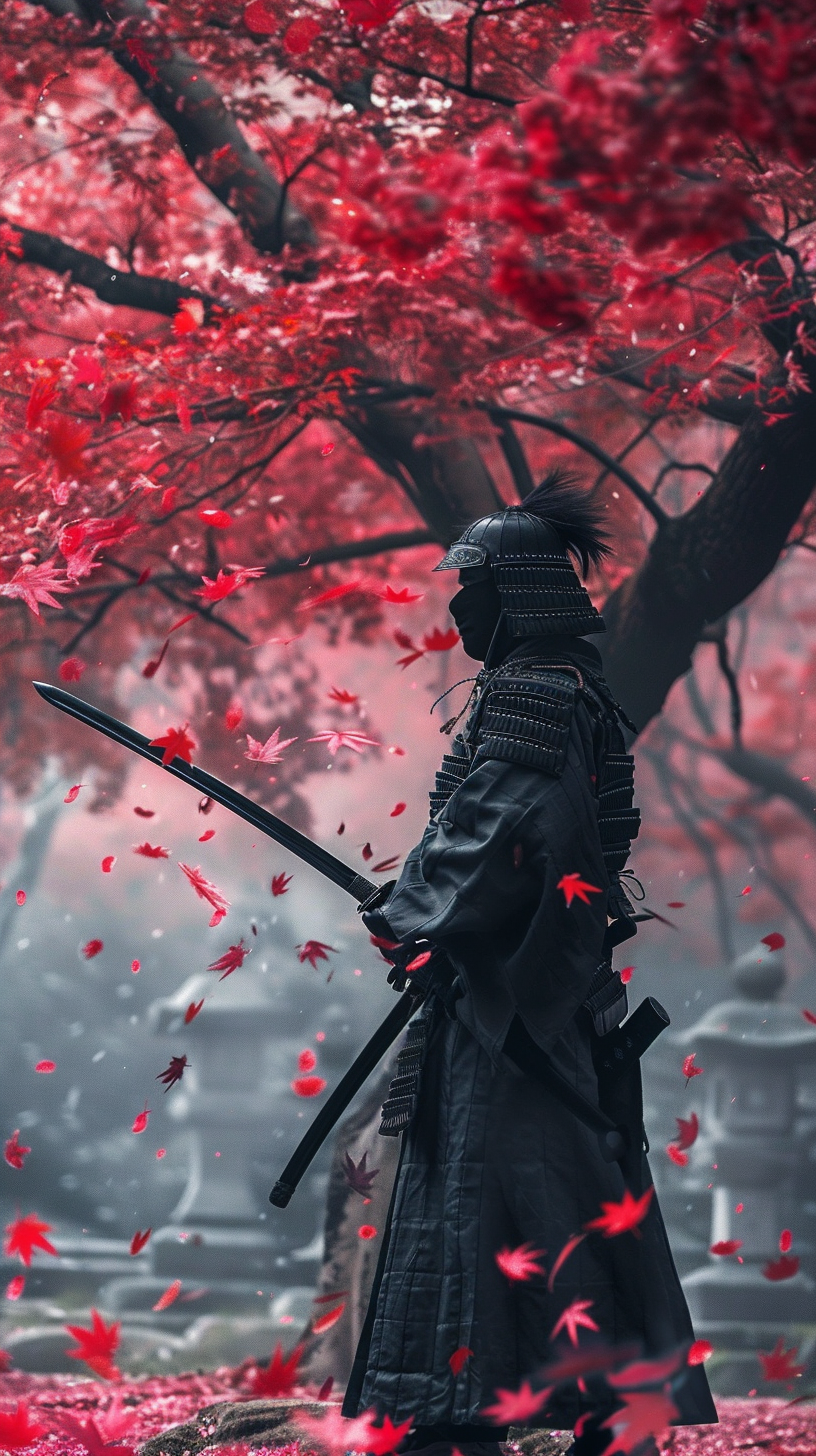 Japanese Ninja Samurai Under Sakura Tree Mobile Wallpaper