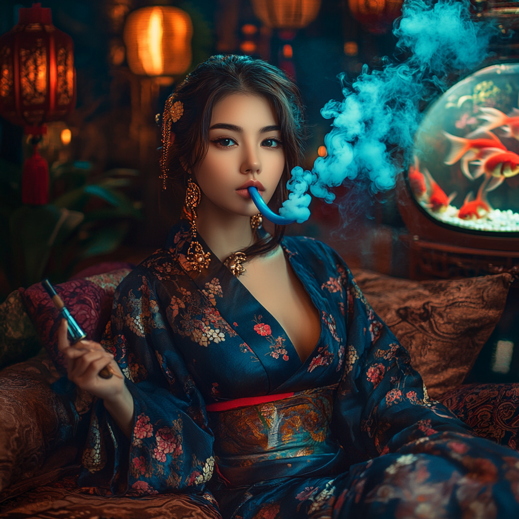 Japanese Oiran Woman Relaxing on Sofa with Smoke Pipe