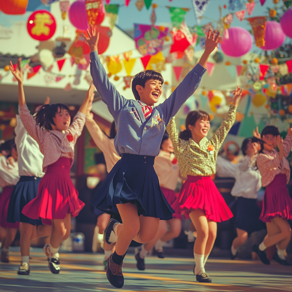 Japanese School Festival With Energetic Students, 1970s Style