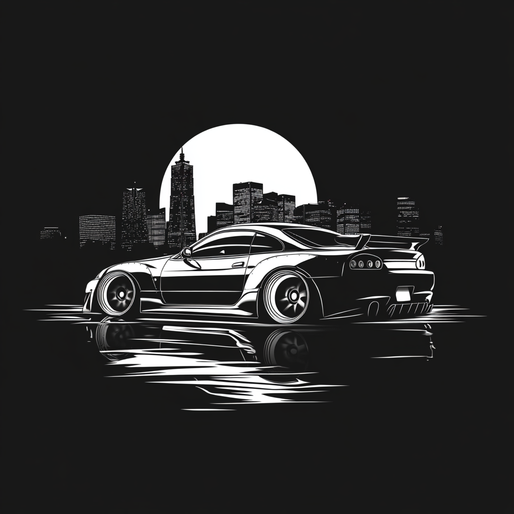 Japanese Sports Car in Cityscape: Black and White