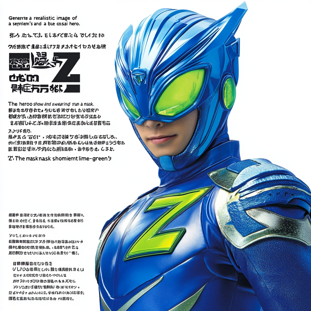 Japanese Superhero in Blue Costume with Lime-Green Mask