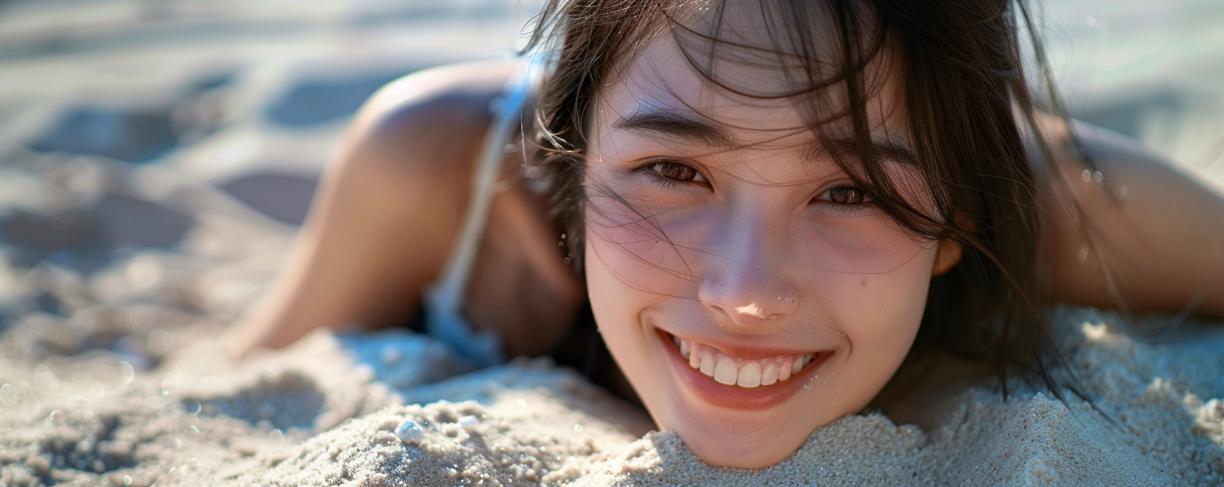 Japanese Teen Playing in Sand, Smiling Portrait Photo