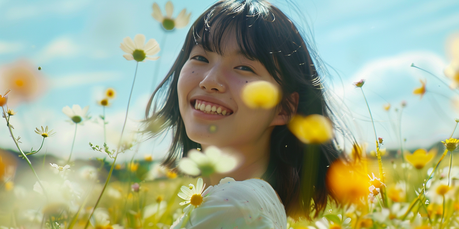 Japanese Teen Smiling in Colorful Meadow Photo