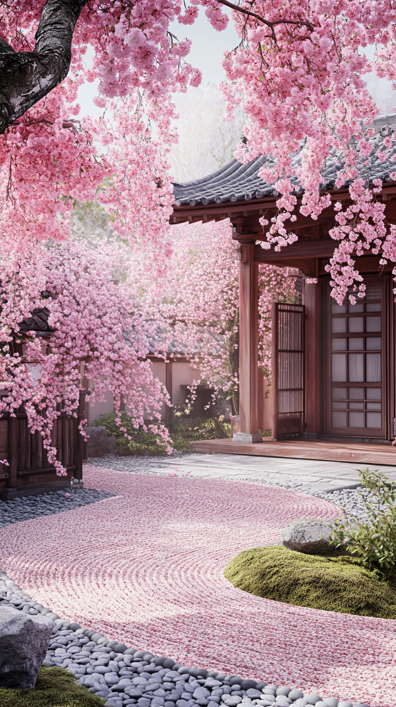 Japanese Temple Garden with Blossoming Cherry Tree