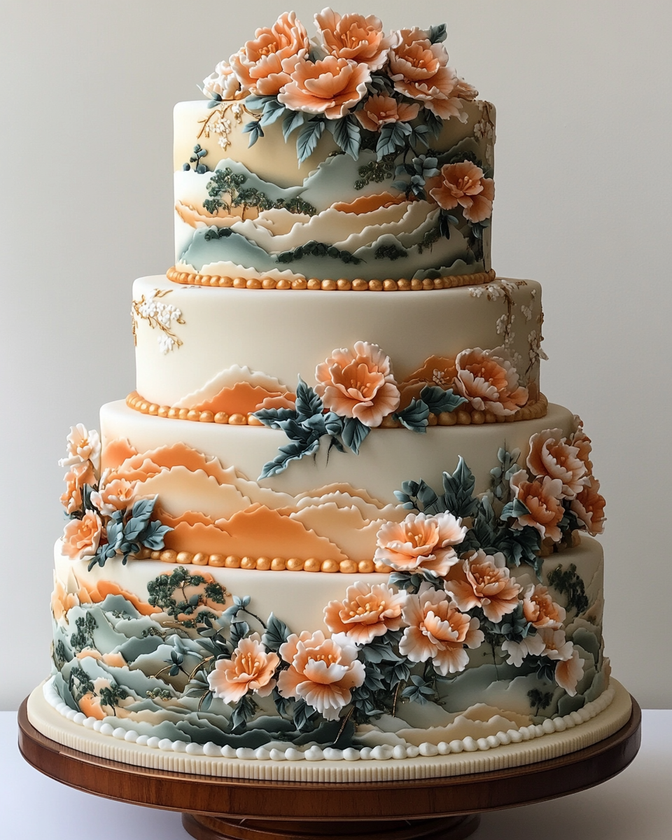 Japanese Wedding Cake with Kimono Designs in Grand Ballroom