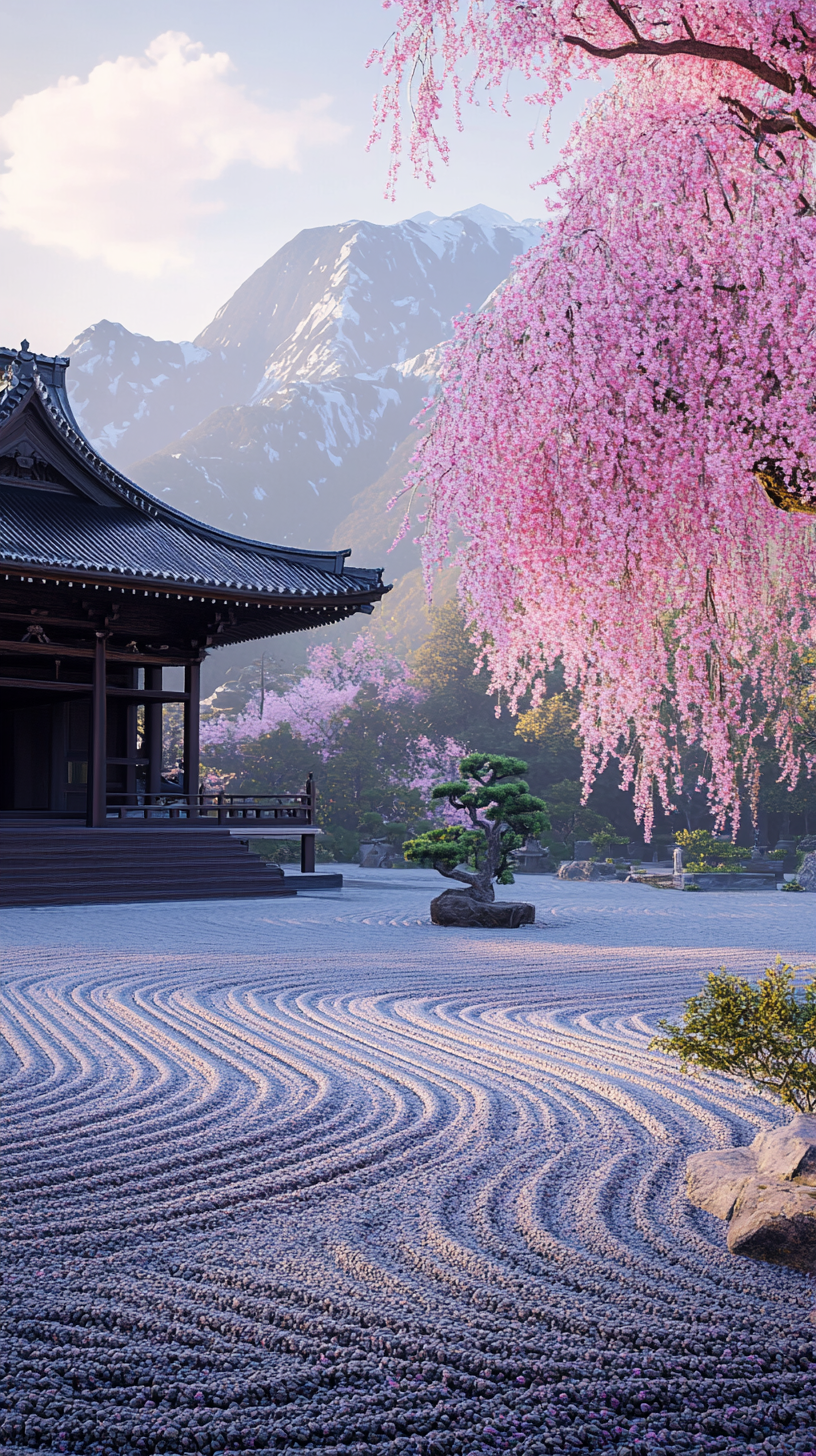 Japanese Zen temple, pink cherry blossom tree