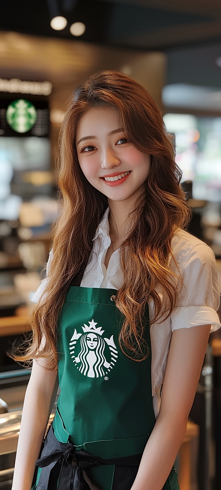 Japanese actress at Starbucks wearing green apron, smiling beautifully.