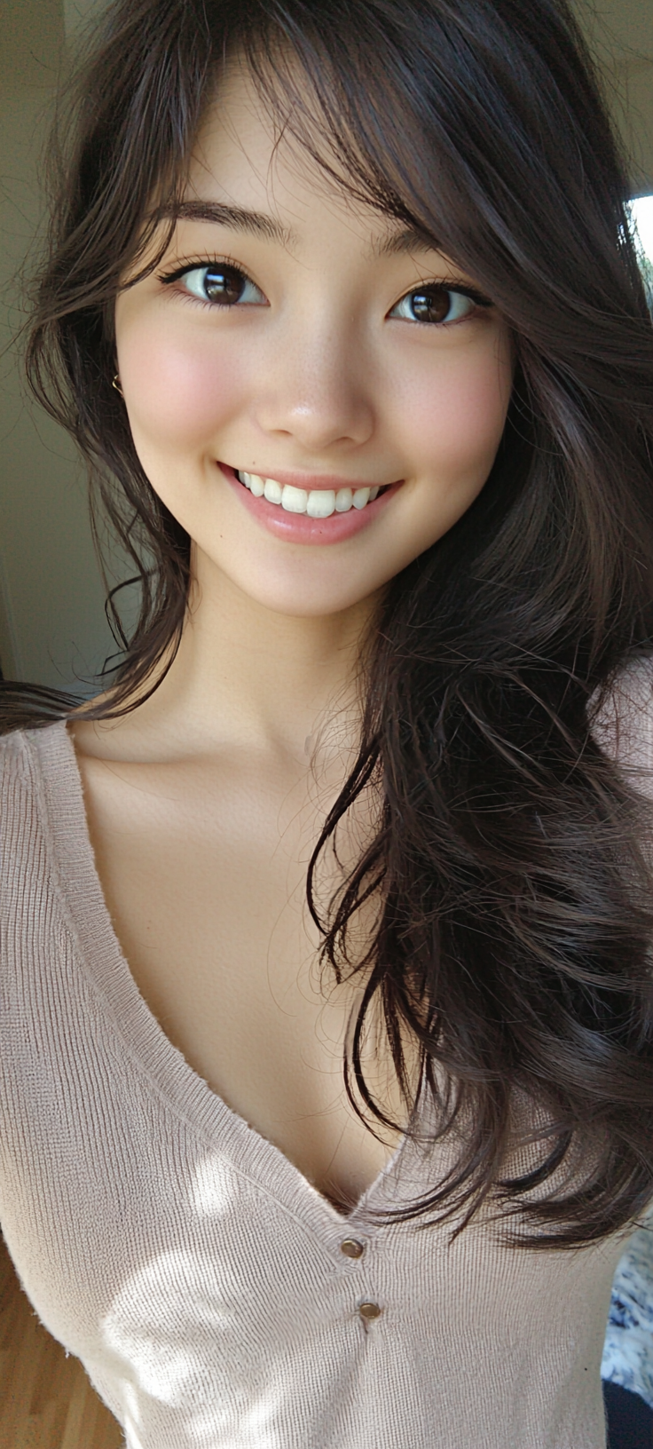 Japanese actress with beautiful hair smiling professionally filmed