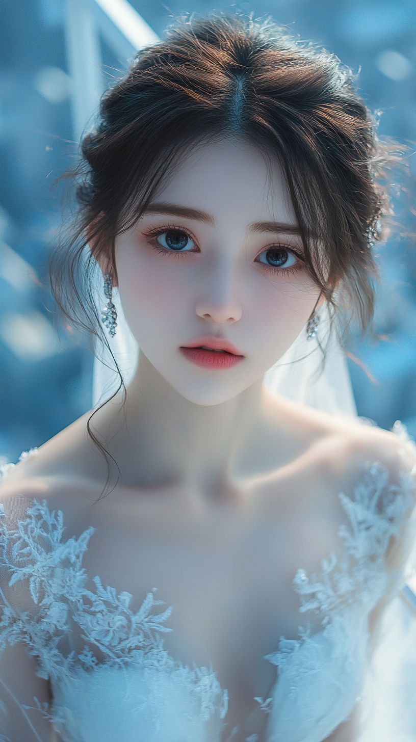 Japanese animation style, beautiful girl with deep eyes, soft makeup, ethereal aura, delicate features, dreamy gaze.