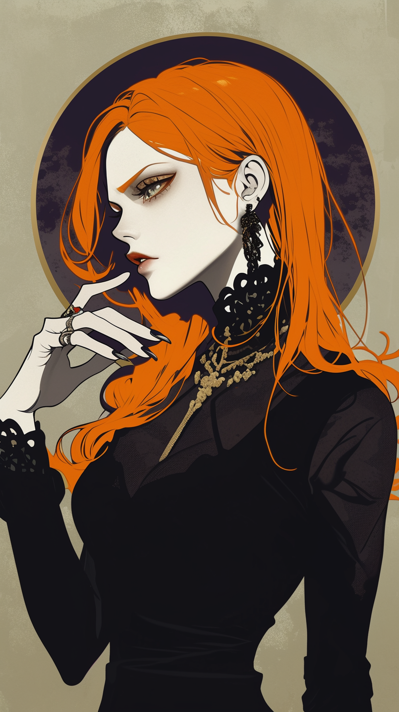 Japanese anime style drawing of Nami in gothic clothing.