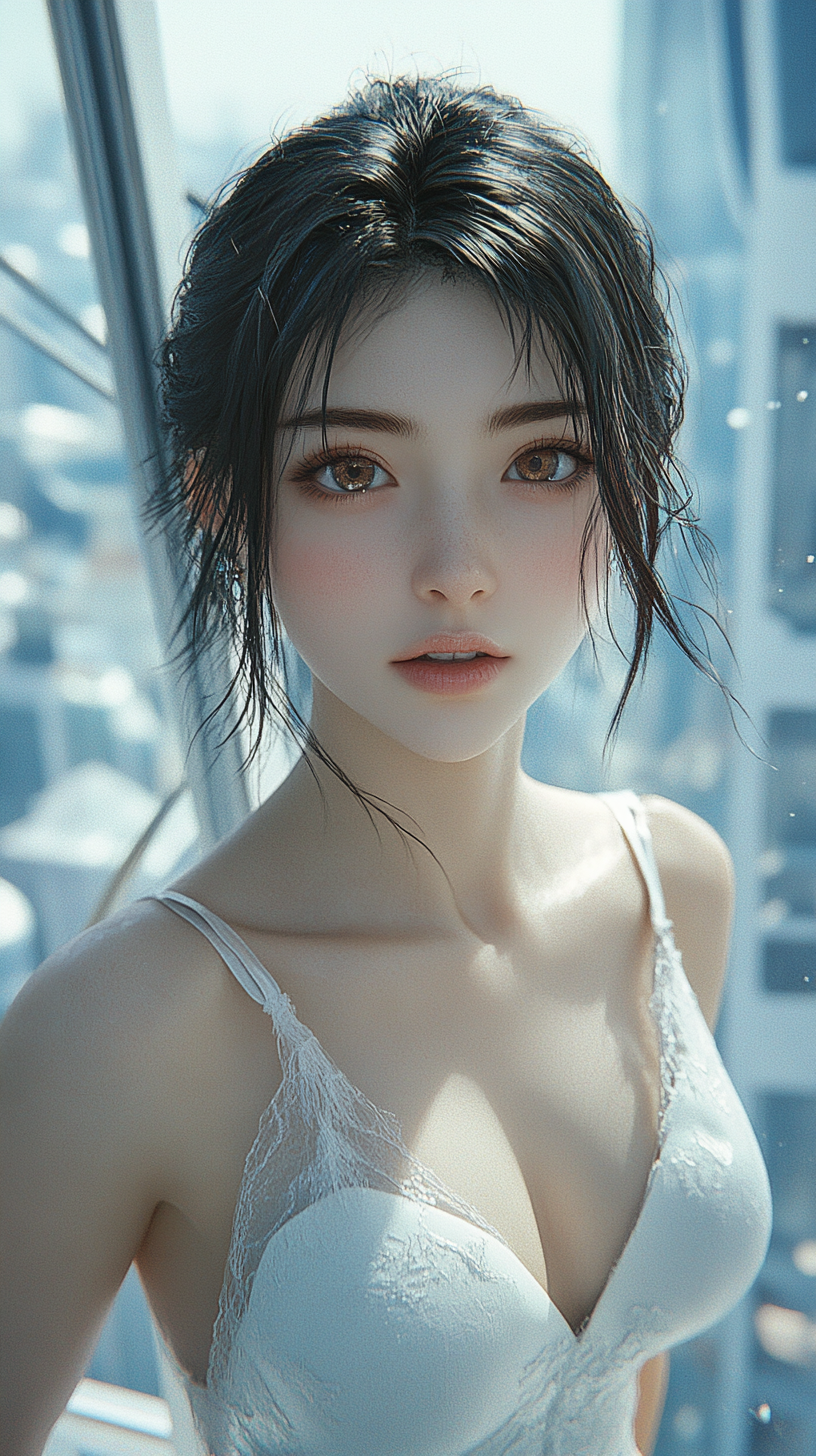 Japanese anime style: beautiful girl with deep eyes, makeup, ethereal aura, delicate features, white dress. Stands on tall building roof.