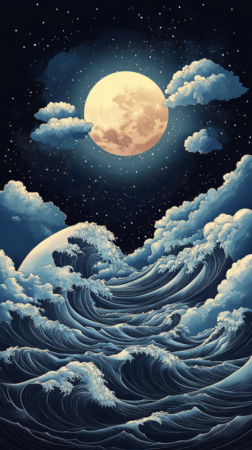 Japanese art of ocean waves under full moon