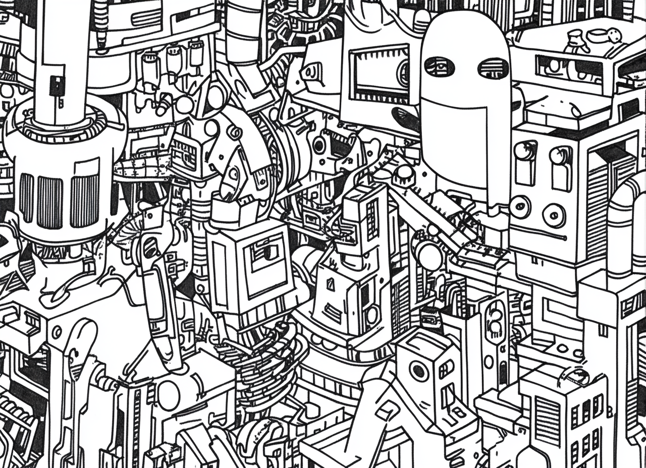 Japanese automation robots and assembly line coloring page.