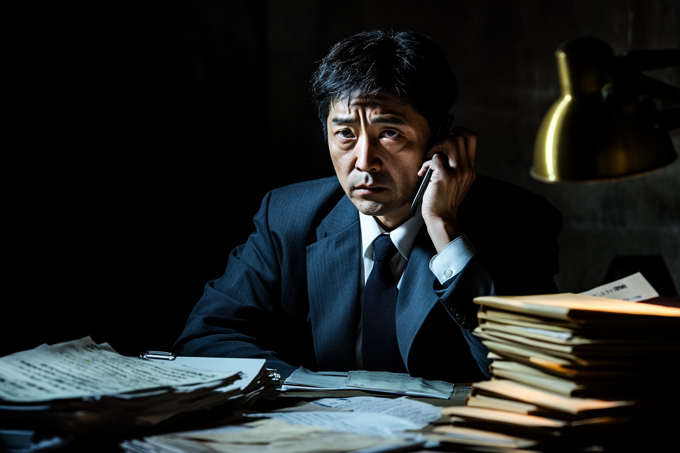 Japanese banker, age 40, in dim office